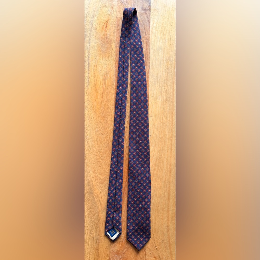 Ralph Lauren Wool Navy Tie with Red and Green Medallion Pattern